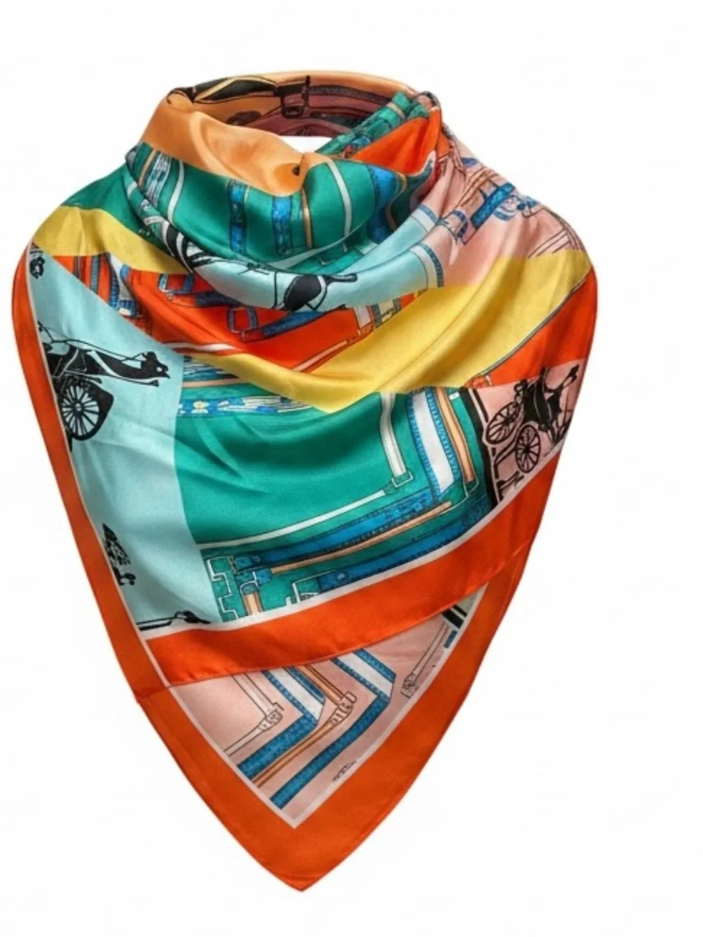 Luxury 100% silk long scarf, wrap Multicolor Patterned horse-carriage new